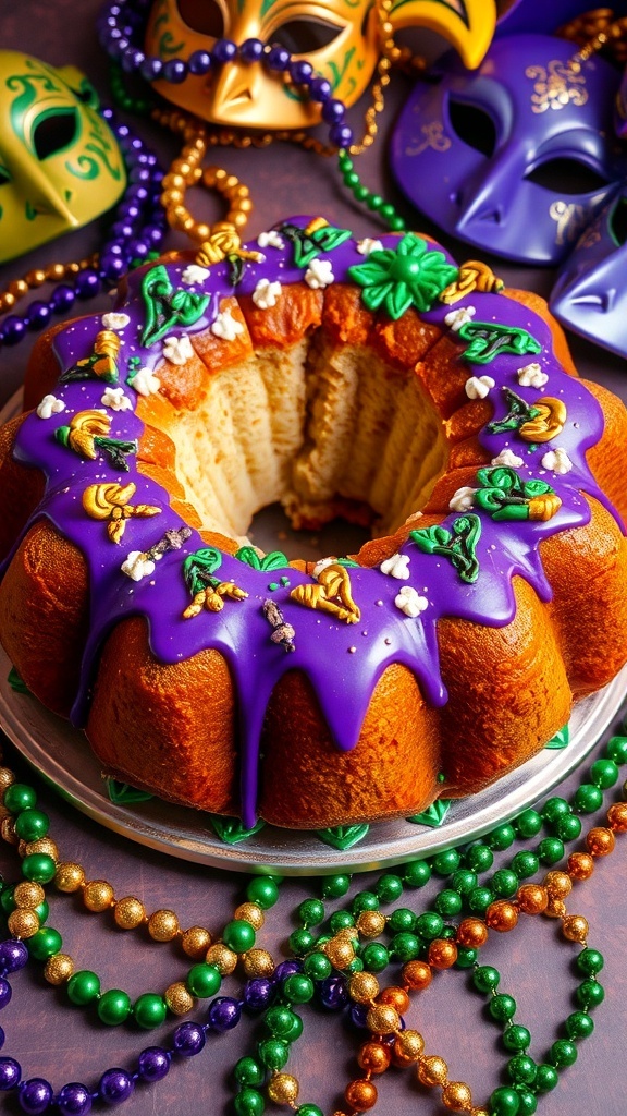A colorful King Cake with icing and sugar decorations, surrounded by Mardi Gras decorations.